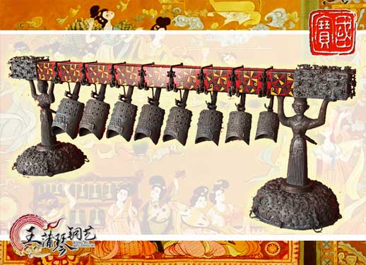 8件古編鐘，銅人銅座裝飾，可發(fā)音
